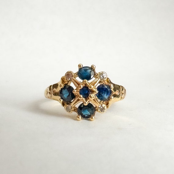 Vintage Natural Sapphire + Diamond Ring - 14K Yel… - image 1