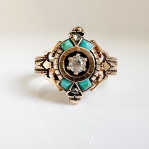 Antique Victorian Era 8K Rose Gold Turquoise + Diamond Ring - Size ~6.75 US