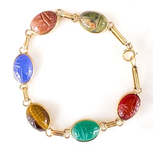 Vintage Scarab Bracelet Genuine Gemstones 14K Yellow Gold Fancy Links ...