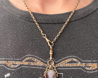 Antique Victorian Era 9K Yellow Gold Spinning Bloodstone + Carnelian Fob Pendant