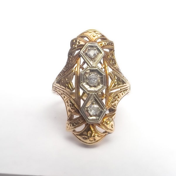 Vintage Art Deco Era Diamond Shield Ring - Old European Cut - Three Stone - 14K Yellow Gold - Hand Engraved - Mixed Metal - Size 4 1/2 US