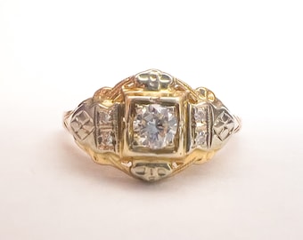 Vintage Retro Era Diamond Ring - 14K Gold - Two-Tone - Mid-century - Engagement - Right Hand Ring - Floral Details - Size  7 3/4 US