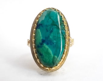 Vintage Chyrsocolla Stone Ring - 14K Yellow Gold - Green + Blue - Statementc Ring - Split Shank - Healing + Calming Stone - Size 5 3/4 US