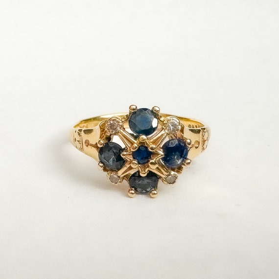 Vintage Natural Sapphire + Diamond Ring - 14K Yel… - image 8