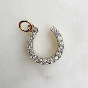Antique Natural Mini Diamond Horseshoe Charm - 14K Yellow Gold + Platinum - Old Mine Cut - Good Luck Charm - Lucky - Pendant - Angled