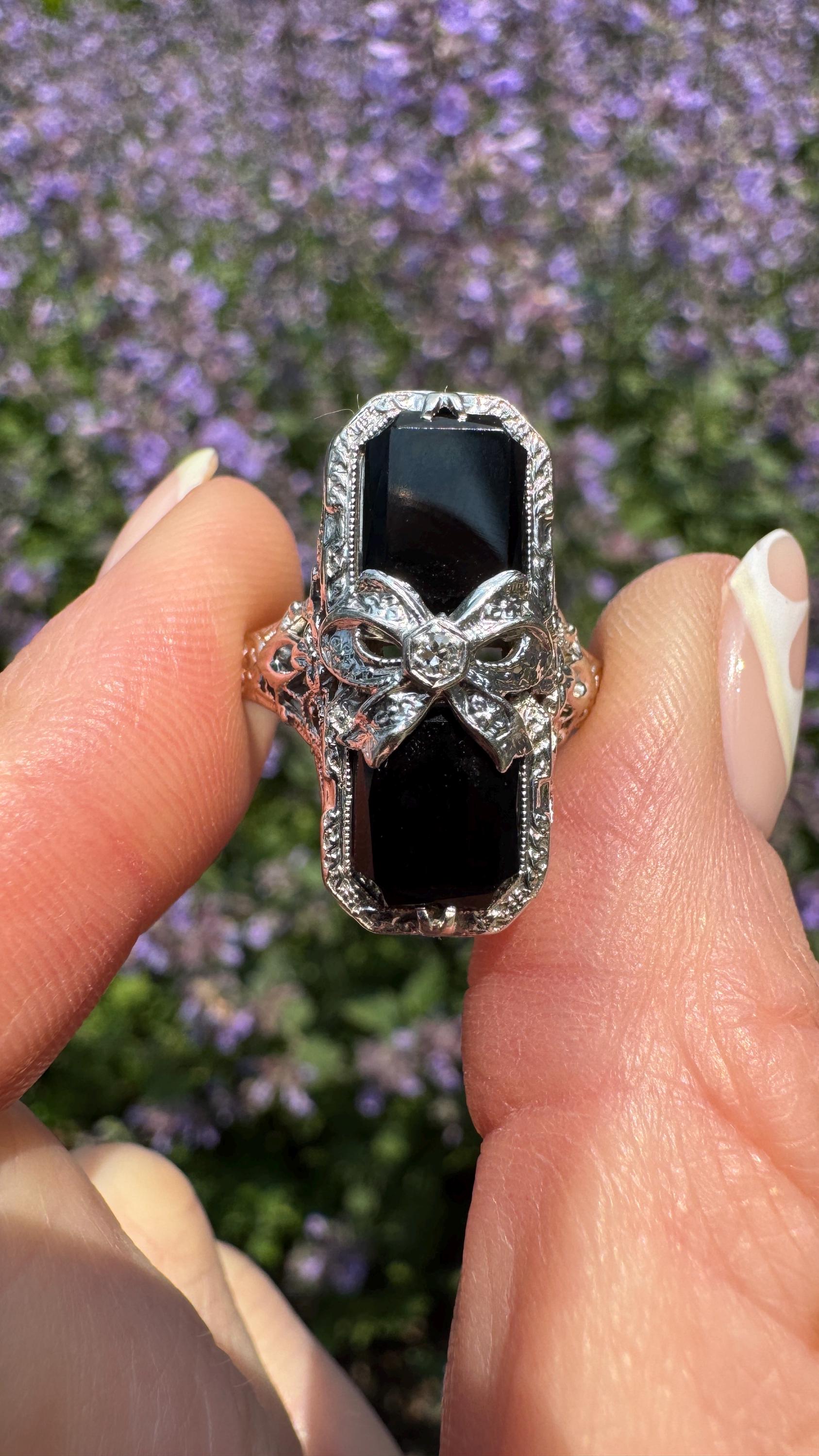 Vintage Art Deco Era Natural Black Onyx + Diamond Ring - 14K