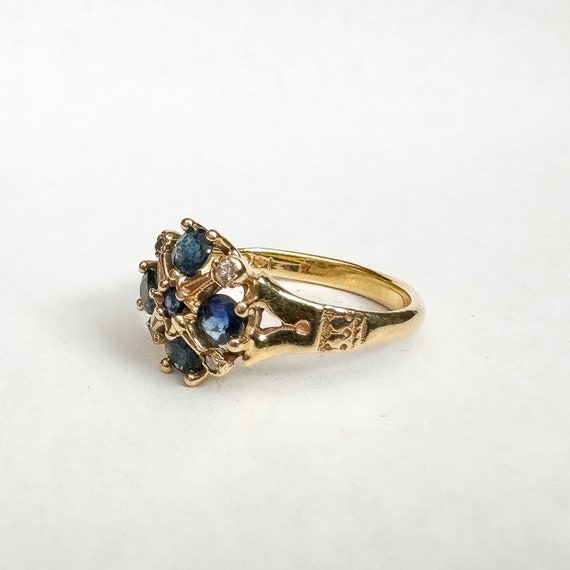 Vintage Natural Sapphire + Diamond Ring - 14K Yel… - image 3