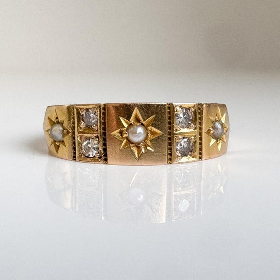 Antique 9K Gold Diamond + Seed Pearl Starset Ring - Size 7 US