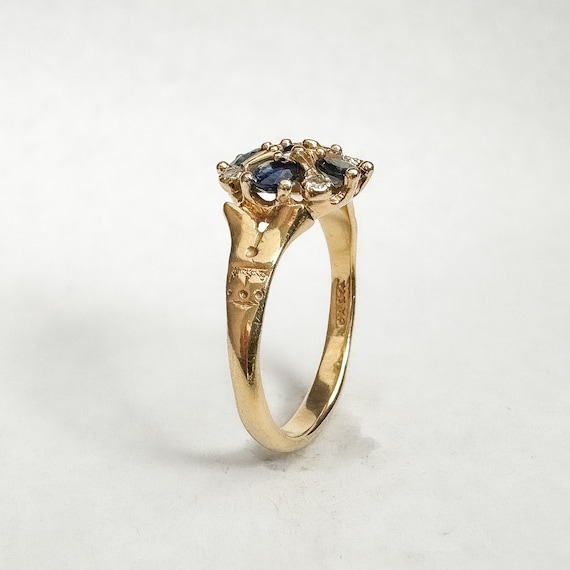 Vintage Natural Sapphire + Diamond Ring - 14K Yel… - image 6