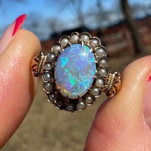 Antique 8K Yellow Gold Australian Opal + Seed Pearl Halo Ring - Size 7.75+ US