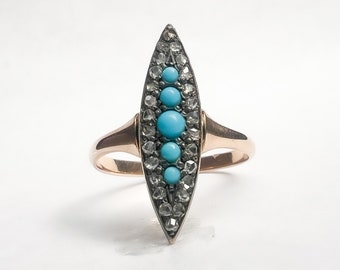 Antique Victorian Era Turquoise + Natural Diamond Navette Ring - 10K Yellow Gold + Silver - Rose Cut Diamonds - Cabochon - Size 7US