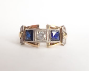 Vintage Art Deco Era Natural Diamond + Created Sapphire Ring - 14K Yellow Gold + Platinum - Mixed Metal - Three Stone - Size 7 3/4 US