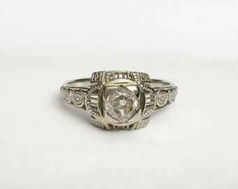 Vintage Art Deco Natural Diamond Ring - 18K White Gold - Hand Engraved - Old Mine Cut Diamond - Exquisite - Engagement - Size 6 1/4 US