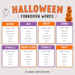 Könnte beinhalten: Ein Halloween Forbidden Words Kartenspiel mit einem weißen Geist und einem Stapel aus vier orangefarbenen Kürbissen. Der Text enthält Kategorien wie Mummy, Boo, Pirate, Zombie, Eyeballs, Creaky Floor und Night mit Listen verbotener Wörter.