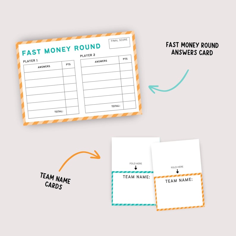 May include: A game night set featuring a "Fast Money Round" answer card and "Team Name" cards. The answer card has spaces for answers and points, with a striped orange border. The team name cards have a fold line.