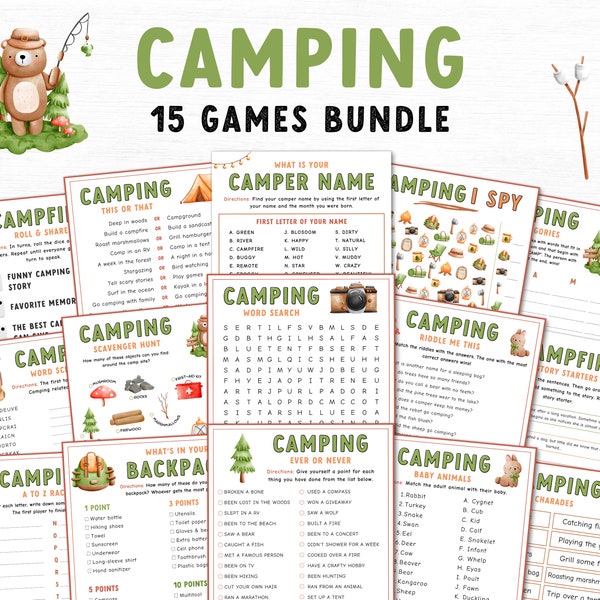 Camping Games Printable Bundle, Printable Camping Game for kids and adults, Camping Activities, Word Search, Scavenger Hunt & more!