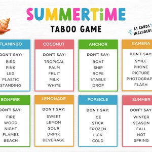 Zomertaboespel, zomerspel, afdrukbaar familiespel, zomerfamiliekaartenspel, verboden woorden, afdrukbaar spel