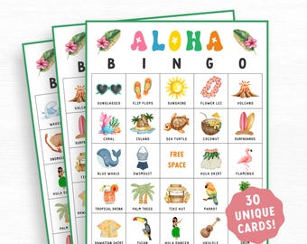 May include: A stack of three Aloha Bingo cards with a tropical theme. The cards feature colorful illustrations of sunglasses, flip flops, a volcano, and other Hawaiian-themed images. The text "Aloha Bingo" is at the top.
