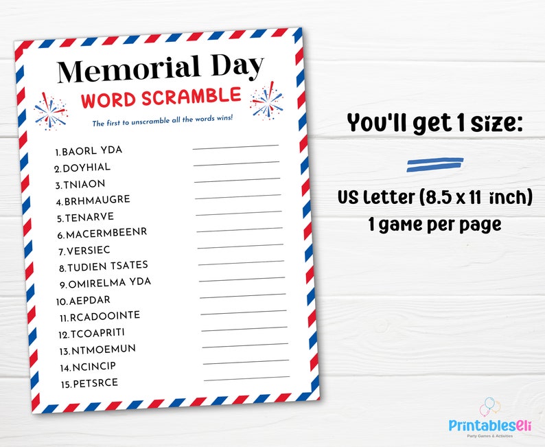 Printable Memorial Day Word Scramble Game Memorial Day Game Etsy
