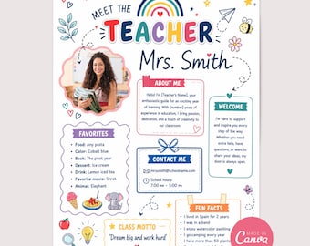 Editable Meet the Teacher Template Canva | Back to School Teacher Introduction | Colorful Classroom Printable | Meet the Teacher Letter
