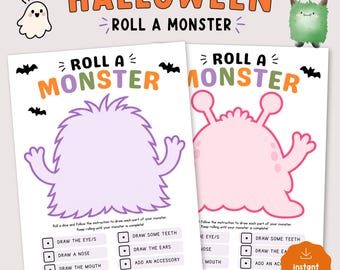 May include: Two printable activity sheets titled HALLOWEEN ROLL A MONSTER. Each sheet features a large, blank monster outline in light purple or pink, with instructions to roll a dice and draw features like eyes, nose, mouth, teeth, ears, and accessories.