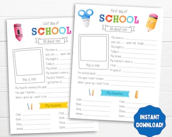 May include: Two printable worksheets for the first and last day of school. The worksheets feature colorful cartoon pencils, scissors, and crayons. The worksheets include prompts for students to write about their favorite memories, what they learned, and what they want to be when they grow up.