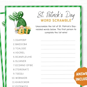 Può includere: Un gioco di ricerca di parole per la festa di San Patrizio con un bordo a righe verdi e bianche. Il gioco presenta un'illustrazione di gnomo con palloncini e un regalo. Il testo recita "St. Patrick's Day Word Scramble" e "Answers Included!"