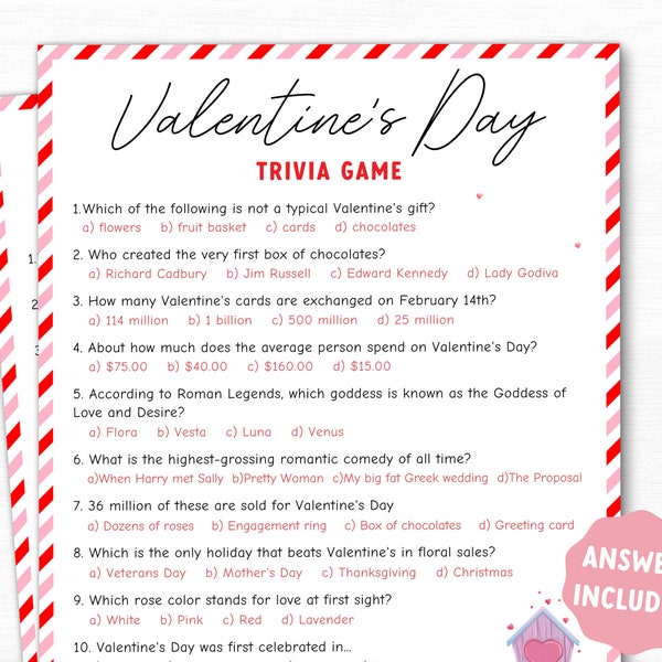 Valentines Day Trivia Game Adults, Printable Valentines Day Trivia, Valentines Quiz for Adults, Valentines Party Game, Family Game