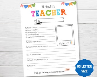All About My Teacher Printable, Teacher Appreciation Week Printable, Teacher Thank You, Teacher Questionnaire, Teacher Gift