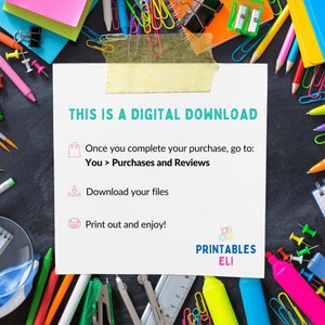 Pode incluir: Um gr&aacute;fico de download digital com fundo azul esverdeado e texto branco. O texto diz "Esta &eacute; uma descarga digital". O gr&aacute;fico tamb&eacute;m inclui um &iacute;cone de saco de compras, um &iacute;cone de download e um &iacute;cone de impressora. O texto abaixo dos &iacute;cones diz "Assim que voc&ecirc; completar sua compra, v&aacute; para: Voc&ecirc; > Compras e avalia&ccedil;&otilde;es. Baixe seus arquivos. Imprima e aproveite!" O gr&aacute;fico tamb&eacute;m inclui o texto "Printables Eli" em uma fonte azul esverdeada e branca.