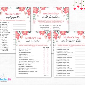Puede incluir: Imprimibles de juegos del D&iacute;a de la Madre con detalles florales. Incluye juegos de b&uacute;squeda de palabras, "would she rather", "ever or never" y "who knows mom best?". Cada juego tiene un borde floral e instrucciones de texto.