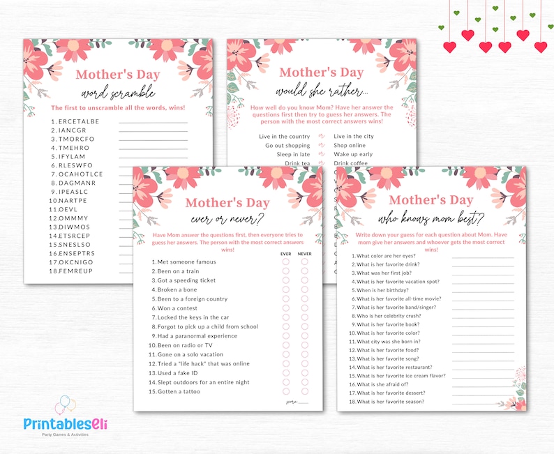 Puede incluir: Imprimibles de juegos del D&iacute;a de la Madre con detalles florales. Incluye juegos de b&uacute;squeda de palabras, "would she rather", "ever or never" y "who knows mom best?". Cada juego tiene un borde floral e instrucciones de texto.