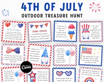 Pistas al aire libre de la búsqueda del tesoro del 4 de julio, búsqueda del tesoro patriótica para niños, juego imprimible del 4 de julio para niños, juego familiar, juego de verano