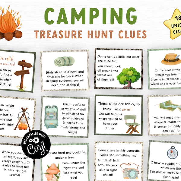 Editable Camping Scavenger Hunt for kids, Outdoor Treasure Hunt clues, Camping game printable, Printable Scavenger Hunt Clues, Family Game