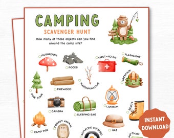 Camping Scavenger Hunt Game, Printable Camping Game for kids, Campground Activity, Camping Printable Family Game, Scout Game, Treasure Hunt