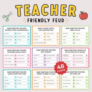 Könnte beinhalten: Ein farbenfrohes Spielkartenset mit dem Titel "Teacher Friendly Feud" mit verschiedenen Kategorien und Antworten rund um Lehrer und Schulmaterial. Enthält einen Apfel und eine Schere.