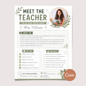 Pode incluir: Um cartaz de "Conheça o Professor" com uma foto de uma professora sorrindo segurando livros. O cartaz inclui o texto "Meet the Teacher", "About Me", "My Favs" e "Fun Facts". O cartaz é projetado com um esquema de cores verde e branco.