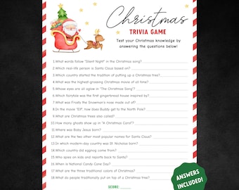 Christmas Trivia Game Adults, Printable Christmas Family Game, Christmas quiz, Holiday Party Game Printable, Christmas Printable Party Quiz