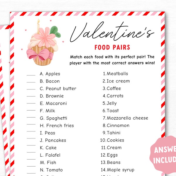 Valentines Day Food Pairs Printable Game, Printable Valentines Day Party Game, Family Game, Classroom Activity, Valentines Printable Game