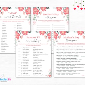 Puede incluir: Juegos imprimibles con tem&aacute;tica del D&iacute;a de la Madre. Incluye trivia, juego de la A a la Z y juegos de emparejamiento. Dise&ntilde;o floral con acentos rosas y verdes. El texto incluye "Mam&aacute; alrededor del mundo" y "&iexcl;Mam&aacute;s famosas de la televisi&oacute;n!"