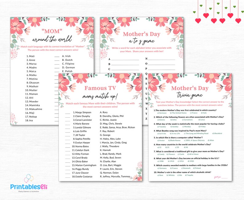 Puede incluir: Juegos imprimibles con tem&aacute;tica del D&iacute;a de la Madre. Incluye trivia, juego de la A a la Z y juegos de emparejamiento. Dise&ntilde;o floral con acentos rosas y verdes. El texto incluye "Mam&aacute; alrededor del mundo" y "&iexcl;Mam&aacute;s famosas de la televisi&oacute;n!"