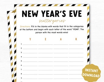New Years Eve Scattergories Game, New Year Games Printable, New Years Eve Party Games, Adult Party Games, Holiday Game, Family Game