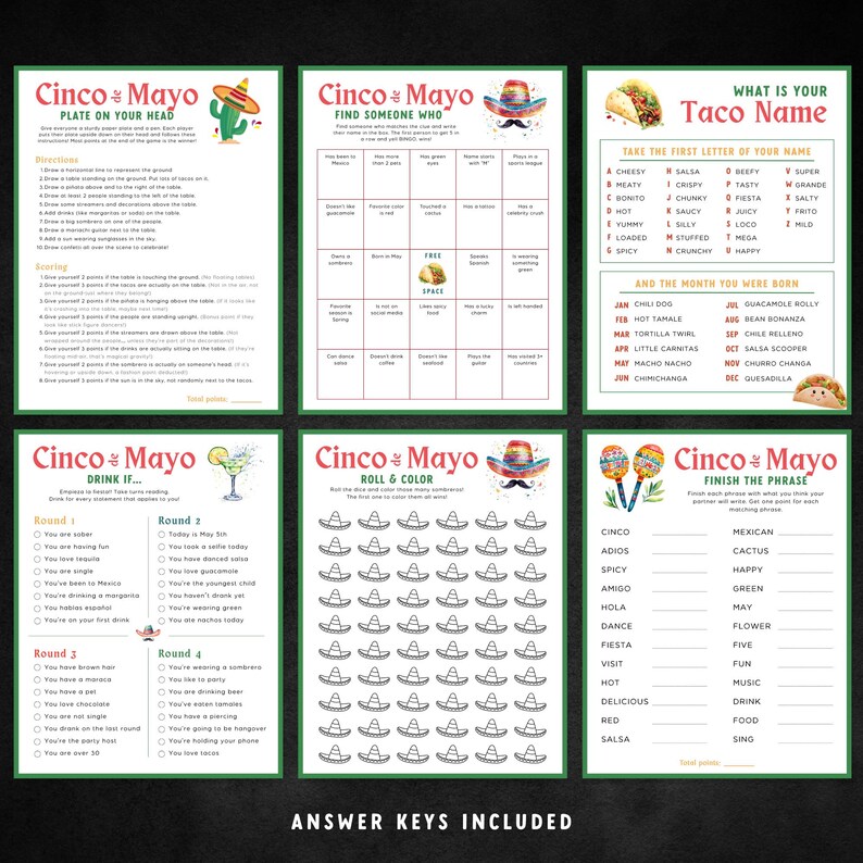 Cinco De Mayo Printable Games, Mexican Party Games Bundle, Games for ...