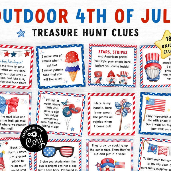 Outdoor Fourth of July Treasure Hunt clues, Patriotic Scavenger Hunt for kids, 4th of July Printable Game for Kids, Family Game, Summer Game