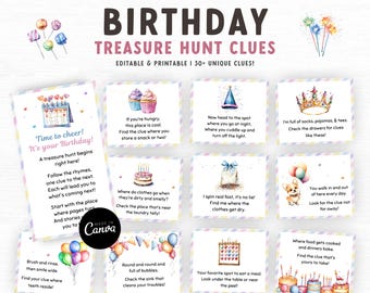 Editable Birthday Treasure Hunt Game Canva Template, Birthday Scavenger Hunt, Gender Neutral Party Game, Printable Scavenger Hunt Clues