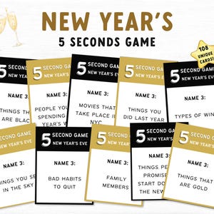 Jeu de 5 secondes pour le nouvel an à imprimer, jeu de société, jeu de famille à imprimer pour le nouvel an, anecdotes sur les vacances, jeu de cartes imprimable pour le nouvel an