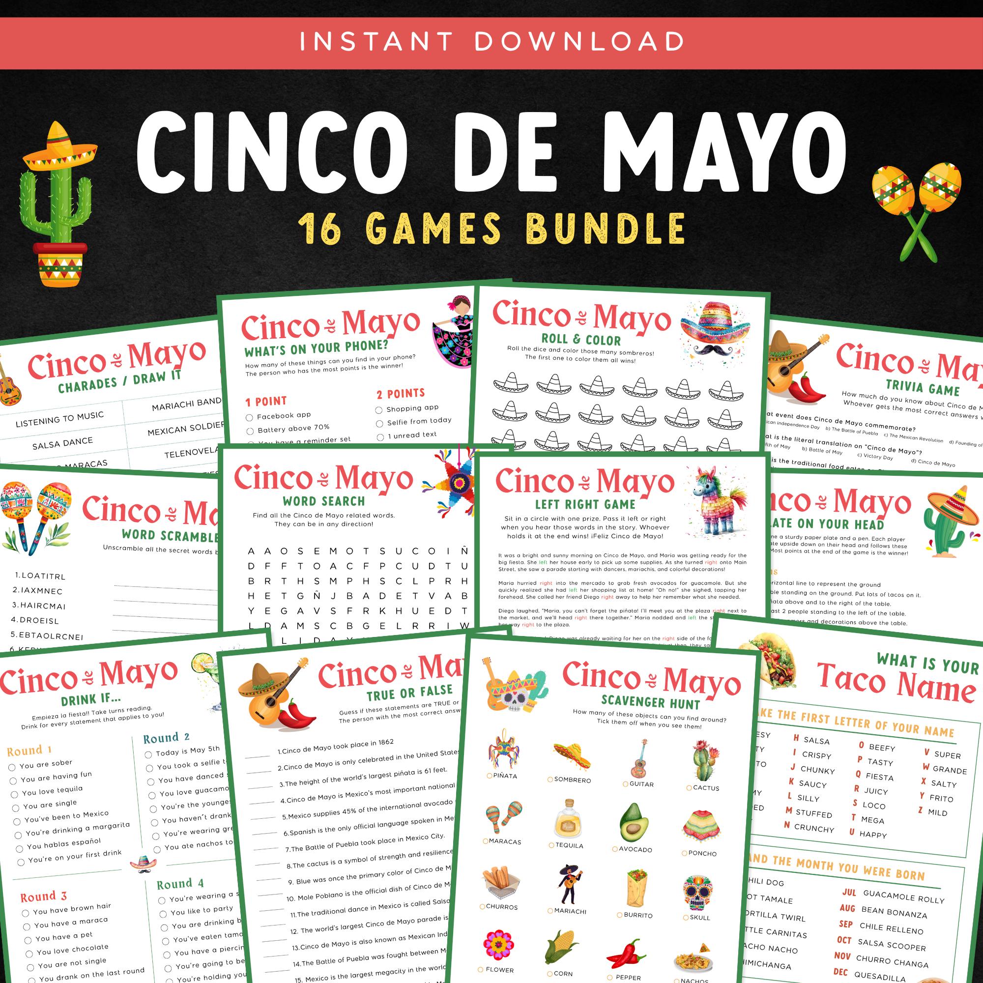 Cinco de Mayo Printable Games, Mexican Party Games Bundle, Games for Kids and Games for Adults,