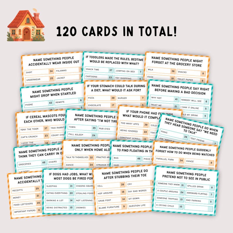 May include: A collection of 120 cards with various prompts for a game. The cards are white with teal borders and black text. The prompts include questions about everyday situations and humorous scenarios. A small illustration of a house is in the upper left corner.