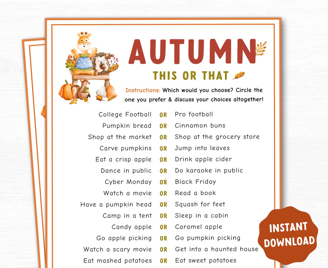 Autumn This or That Printable Game, Printable Fall Party Game, Autumn