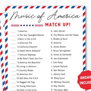 Music of America Match Up Game, Printable Memorial Day Game for adults, Printable Family Party Game, Patriotic Trivia Game, Labor Day Game